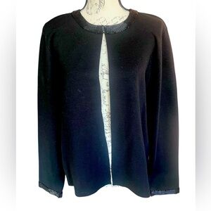 Elegant vintage Black Open Front Cardigan, silk wool blend, size XL